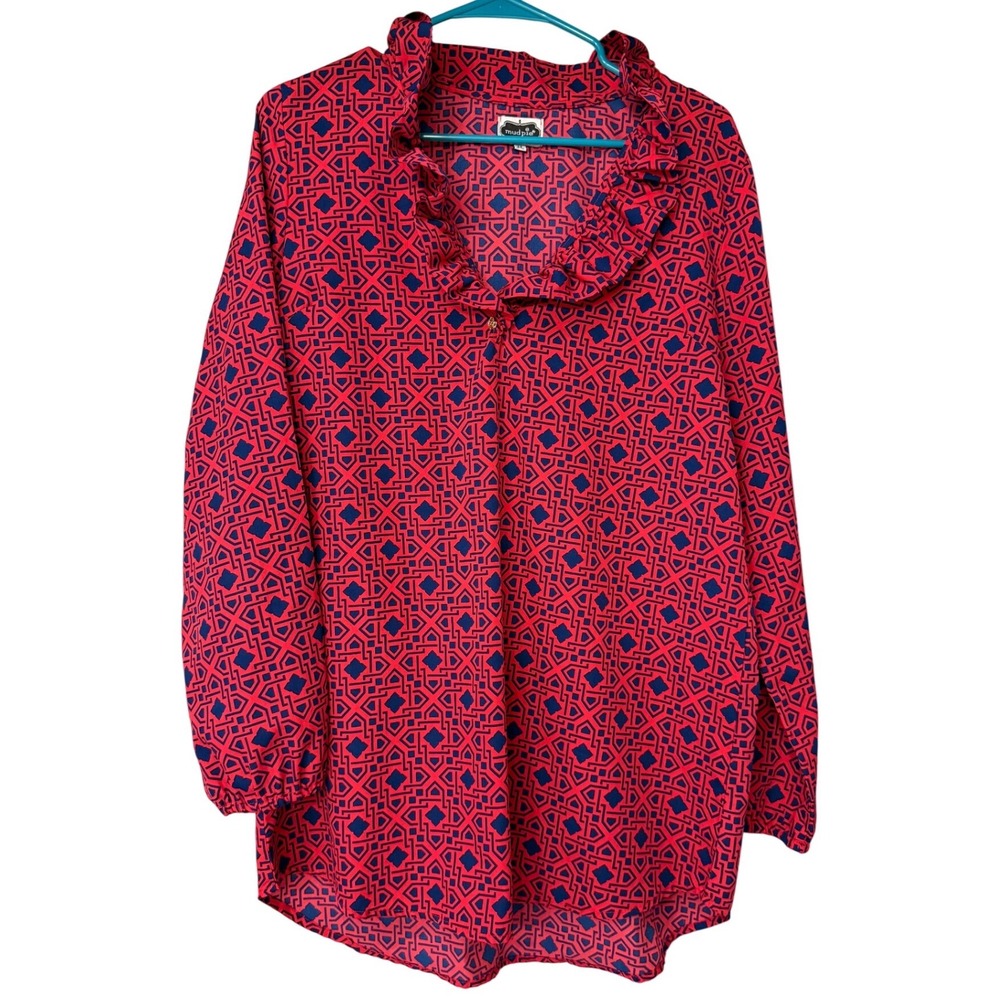 Mud Pie‎ Red Blue Geometric Print Ruffle Collar Tunic Shirt Top Women Medium